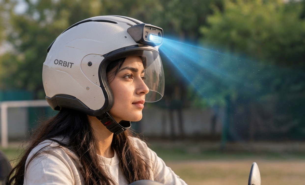 Learner wearing an Orbit camera-equipped helmet during a driving exercise