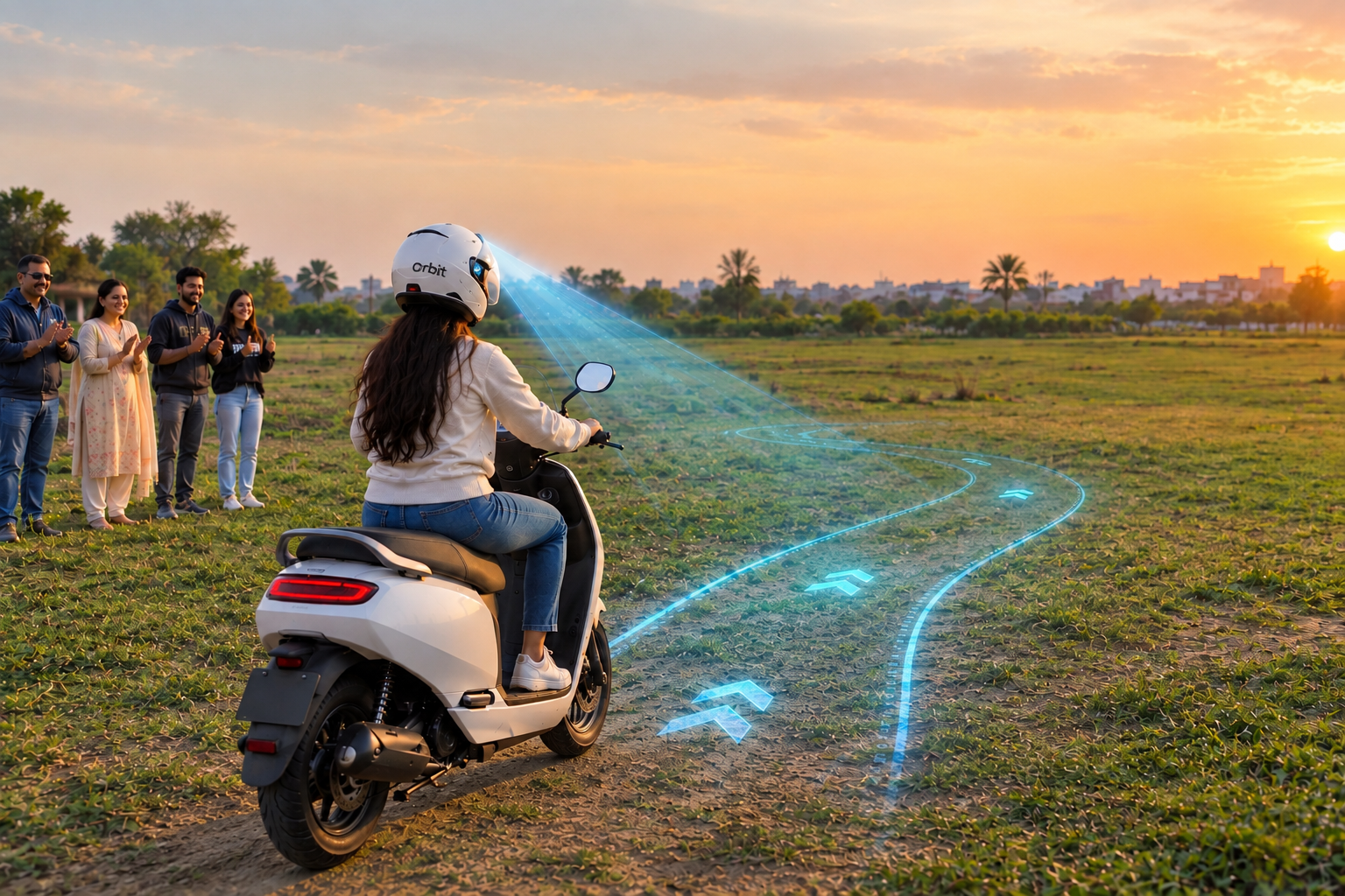 A learner practices on a real scooter along a projected route in an open space